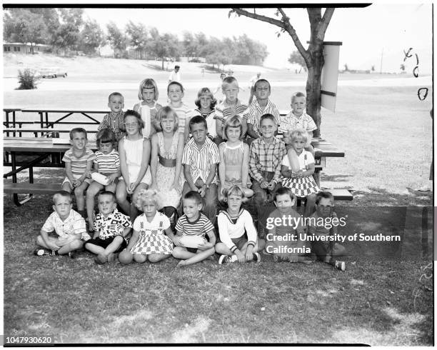 Mothers of twins picnic at Buena Vista Park in Burbank, 20 July 1958. Larry Ring -- 3 years;Kathy Walliser -- 6 years;Mark Connell -- 4 years;Debbie...