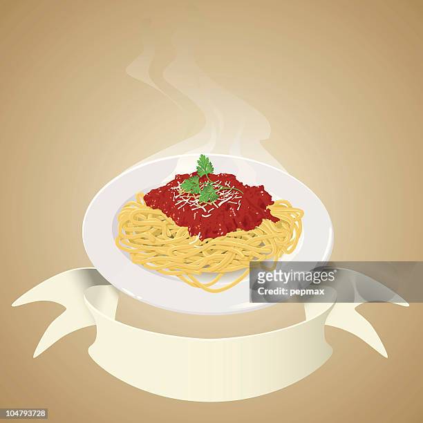 ilustraciones, imágenes clip art, dibujos animados e iconos de stock de spaghetti con banner - spaghetti bolognese