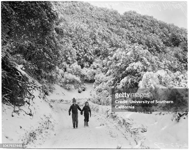 Snow on Angeles Crest Highway, 22 February 1959. Snow-topped San Gabriel Mountain;Snow scene at Red Box;Angeles Crest Highway;Mrs Laddie Valek;Mike...