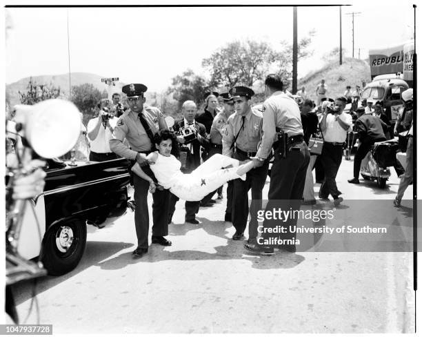Chavez Ravine evictions, 8 May 1959. Mrs Aurora Vargas;Mrs Glen Walters;Rachel Colon;Lucille Arechiga.;Caption slip reads: 'Photographer: Snow....