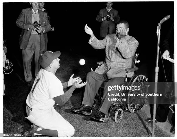 Baseball, Los Angeles Dodgers opening game preliminary ceremonies, 14 April 1959. Roy Campanella. .;Caption slip reads: 'Photographer: Jensen....