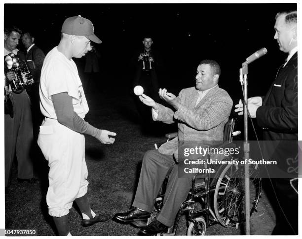 Baseball, Los Angeles Dodgers opening game preliminary ceremonies, 14 April 1959. Roy Campanella. .;Caption slip reads: 'Photographer: Jensen....