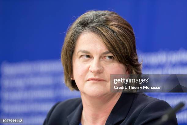 Northern Ireland Democratic Unionist Party leader Arlene Foster talk to journalists during a news conference at in the European Parliament in...