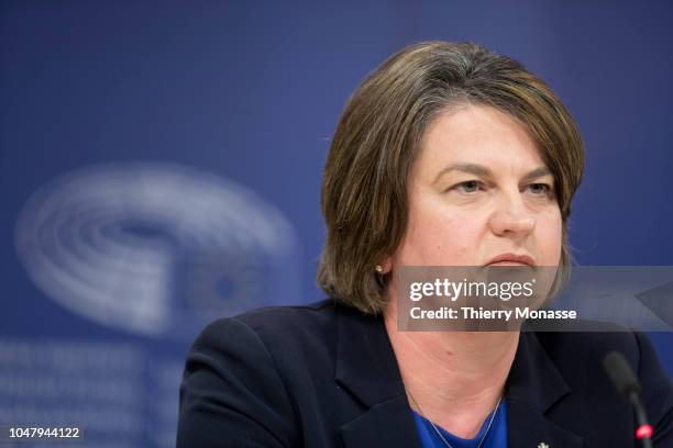 Northern Ireland Democratic Unionist Party leader Arlene Foster talk to journalists during a news conference at in the European Parliament in...