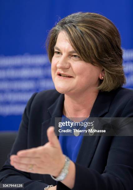 Northern Ireland Democratic Unionist Party leader Arlene Foster talk to journalists during a news conference at in the European Parliament in...