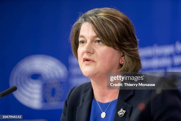 Northern Ireland Democratic Unionist Party leader Arlene Foster talk to journalists during a news conference at in the European Parliament in...