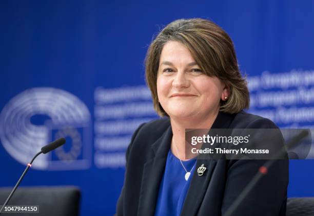 Northern Ireland Democratic Unionist Party leader Arlene Foster talk to journalists during a news conference at in the European Parliament in...