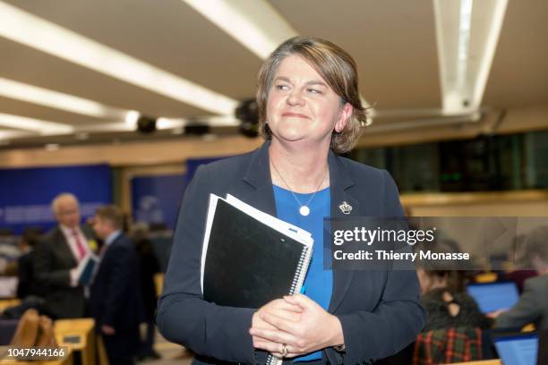 Northern Ireland Democratic Unionist Party leader Arlene Foster talk to journalists during a news conference at in the European Parliament in...