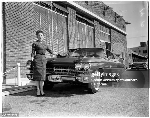Contest prize , 20 January 1960. Coleen Gray .;Caption slip reads: 'Photographer: Paegel. Date: . Assignment:Coleen Gray with Cadillac. Negs. To...