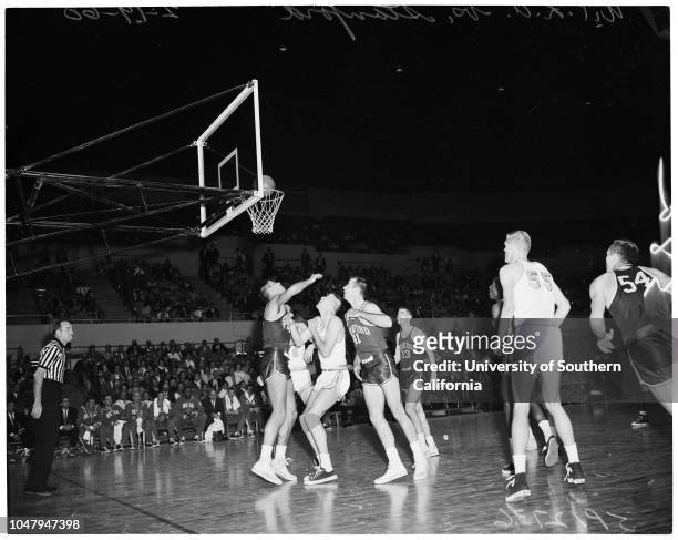 Basketball -- UCLA versus Stanford University, 19 February 1960. .;Supplementary material reads: 'From: Vic Kelley, Ascula News Bureau, University of...
