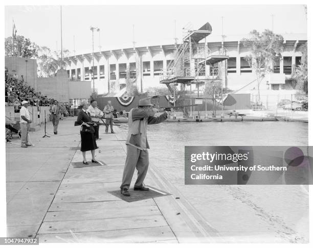 Examiner International Sports and Vacation Show. March 16 1960. At Swim Stadium, Coliseum, Sports Arena;Skeet shooting;Water skiing;Comedy diving....