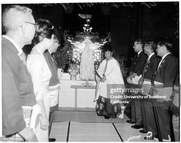 Nisei Week, August 18 1960. 'Mikoshi' presented to Los Angeles;Dito Tsuyuki ;Yukio Hasumi ;Akemi Tani ;Edward Roybal .;Caption slip reads:...