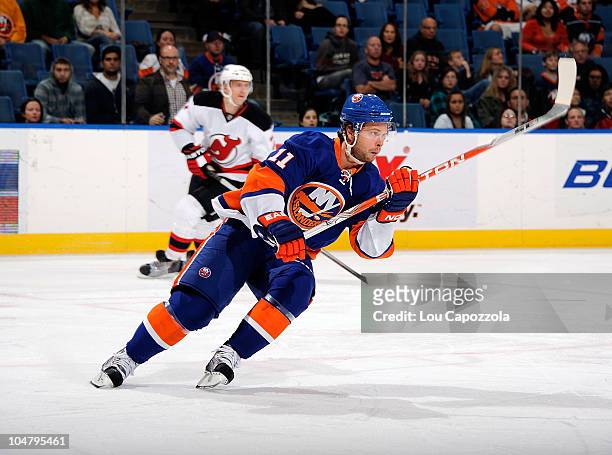 Andy Hilbert of the New York Islanders in action during a game against the New Jersey Devils at Nassau Veterans Memorial Coliseum on October 2, 2010...