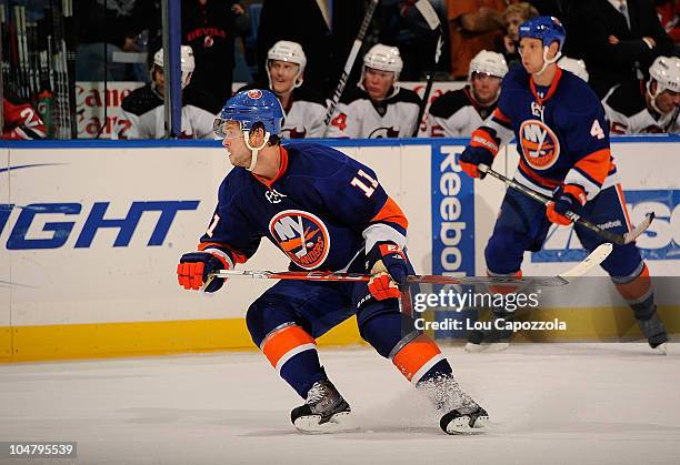 Andy Hilbert of the New York Islanders in action during a game against the New Jersey Devils at Nassau Veterans Memorial Coliseum on October 2, 2010...