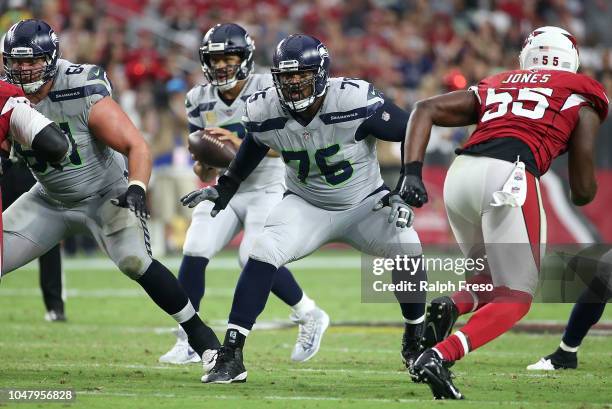 Offensive lineman Duane Brown of the Seattle Seahawks during an NFL game against the Arizona Cardinals at State Farm Stadium on September 30, 2018 in...