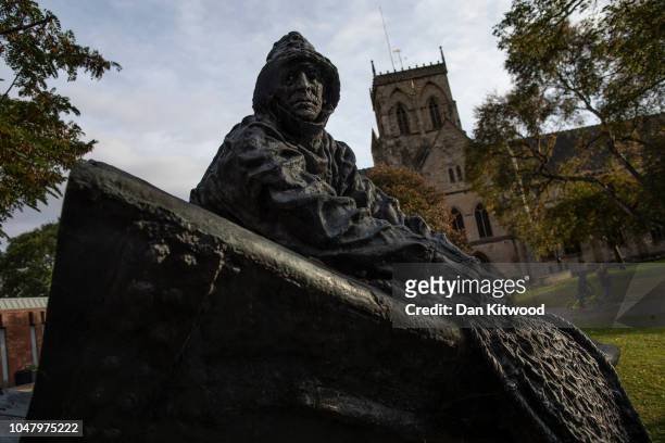 Statue dedicated to Fisherman lost at sea stands outside Grimsby Minster on October 8, 2018 in Grimsby, England. Grimsby was once home to the largest...