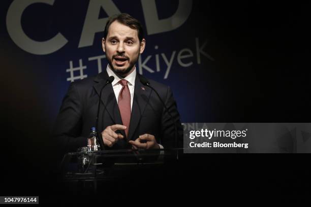 Berat Albayrak, Turkey's treasury and finance minster, gestures as he speaks during a news conference in Istanbul, Turkey, on Tuesday, Oct. 9, 2018....