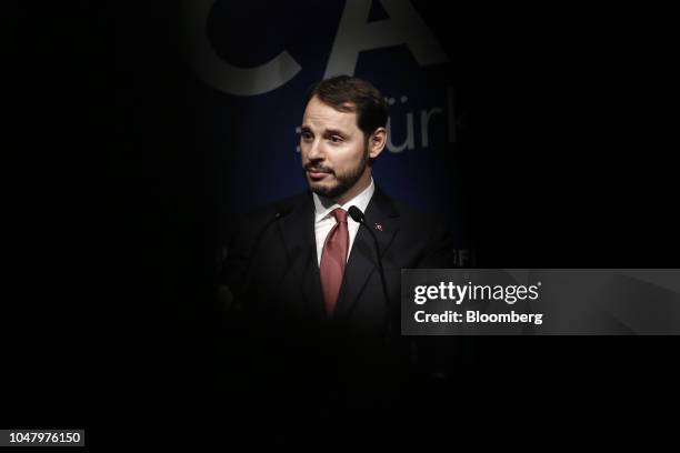Berat Albayrak, Turkey's treasury and finance minster, speaks during a news conference in Istanbul, Turkey, on Tuesday, Oct. 9, 2018. Albayrak called...