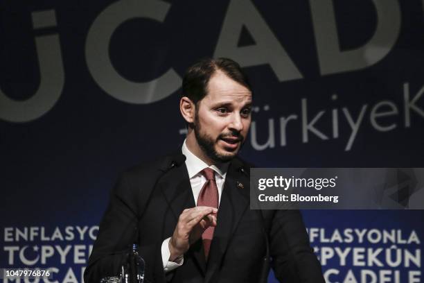 Berat Albayrak, Turkey's treasury and finance minster, gestures as he speaks during a news conference in Istanbul, Turkey, on Tuesday, Oct. 9, 2018....