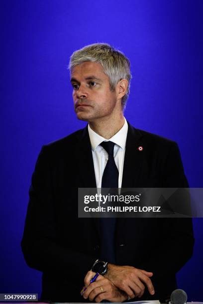 French rightwing Les Republicains opposition party president Laurent Wauquiez attends a press conference held at the party's headquarters in Paris on...