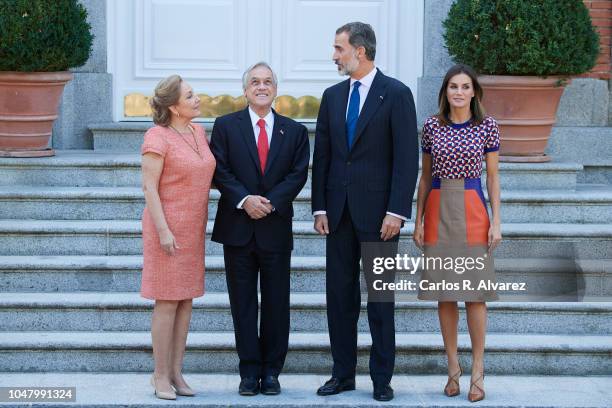 King Felipe VI of Spain and Queen Letizia of Spain receive president of Chile Sebastian Pinera and wife Cecilia Morel Montes at Zarzuela Palace on...