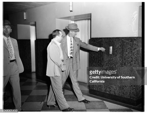 Mickey Cohen, July 9, 1951. Mickey Cohen;Attorney Sidney Williams;Attorney Glenn Lane;Deputy United States Marshal Earl Baugher;Deputy United States...