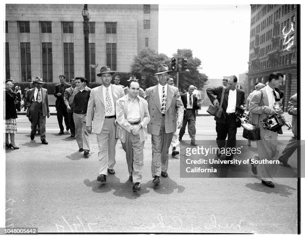 Mickey Cohen, July 9, 1951. Mickey Cohen;Attorney Sidney Williams;Attorney Glenn Lane;Deputy United States Marshal Earl Baugher;Deputy United States...