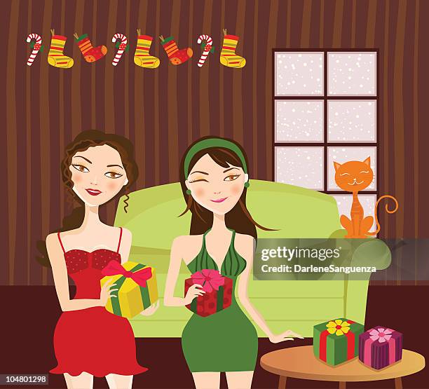 gift giving - ethnic woman at christmas stock illustrations