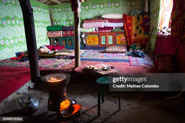 inside a kyrgyz traditional yurt, xinjiang, china - yurt stock pictures, royalty-free photos & images