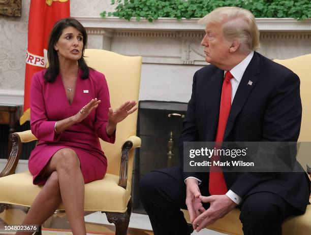 President Donald Trump announces that he has accepted the resignation of Nikki Haley as US Ambassador to the United Nations, in the Oval Office on...