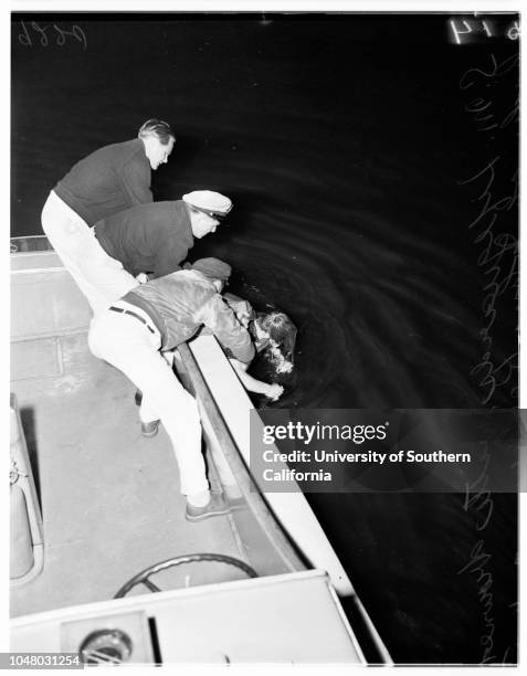 Canoe drowning, July 16, 1951. Mr and Mrs Allen Dunn Senior;Wilson Dunn ;Mike Underwood ;drowned body of John Keeler.;More descriptive information...