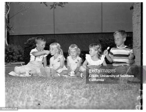 Marion Davies Clinic children at Walt Disney 'Wonderland Party' at Burbank studio, 28 July 1951. Bobby Page -- 6 years;Vicki Hodge -- 6 years;Judy...