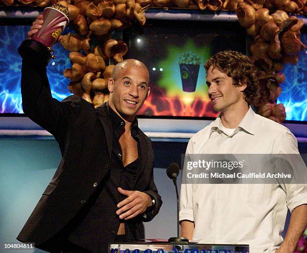 Actors Vin Diesel and Paul Walker accept their award for Best On-Screen Team for their roles in the film "The Fast and the Furious" during the 2002...