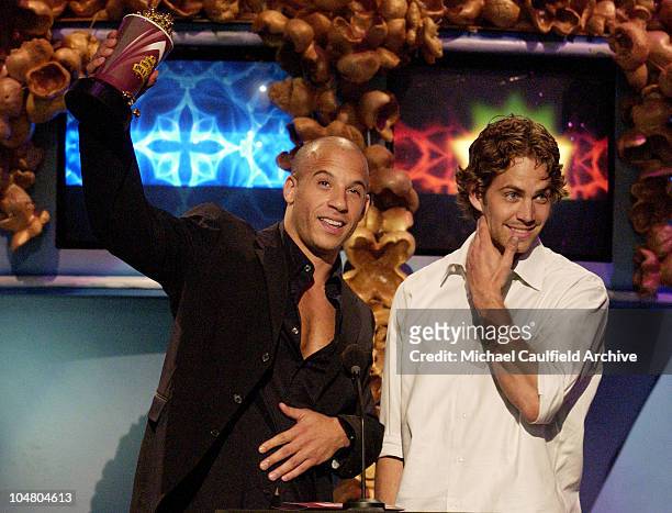Actors Vin Diesel and Paul Walker accept their award for Best On-Screen Team for their roles in the film "The Fast and the Furious" during the 2002...