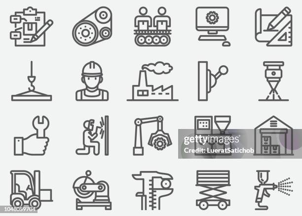 stockillustraties, clipart, cartoons en iconen met productie lijn pictogrammen - engineer gearwheel factory