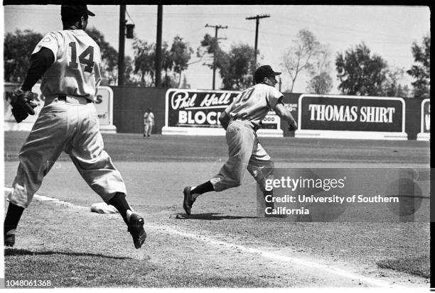 Baseball, 12 August 1951. Hollywood versus Los Angeles;'Magic Eye' fotos.;Caption slip reads' 'Photographer: Monteverde. Date: . Assignment: Holly at...