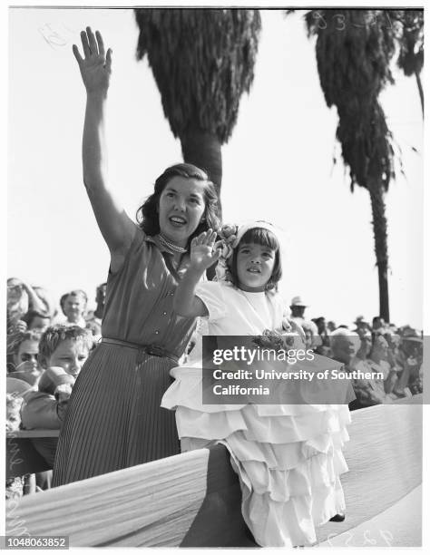 Santa Barbara Fiesta and Old Spanish Days, 23 August 1951. Lia Parker -- 17 years;John Gault ;massed [amasssed] colors;Stanley Case;Mildred...