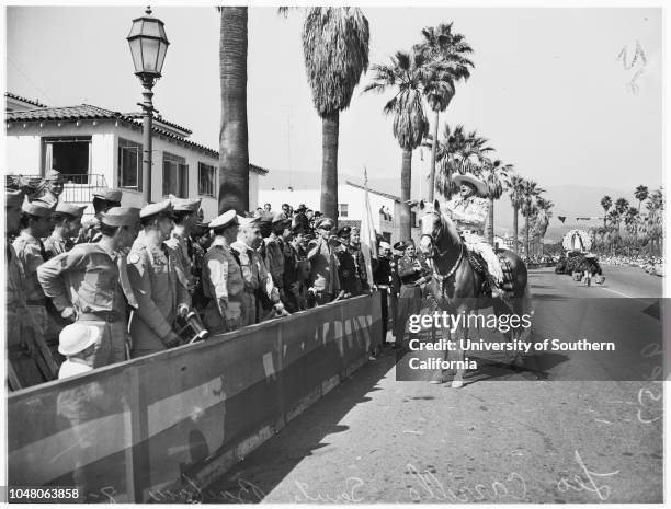 Santa Barbara Fiesta and Old Spanish Days, 23 August 1951. Lia Parker -- 17 years;John Gault ;massed [amasssed] colors;Stanley Case;Mildred...