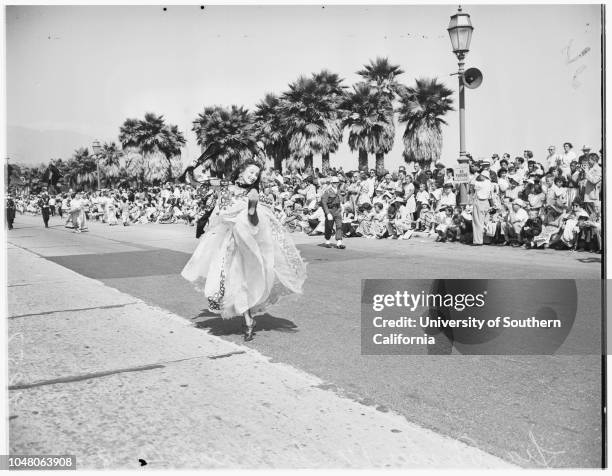 Santa Barbara Fiesta and Old Spanish Days, 23 August 1951. Lia Parker -- 17 years;John Gault ;massed [amasssed] colors;Stanley Case;Mildred...