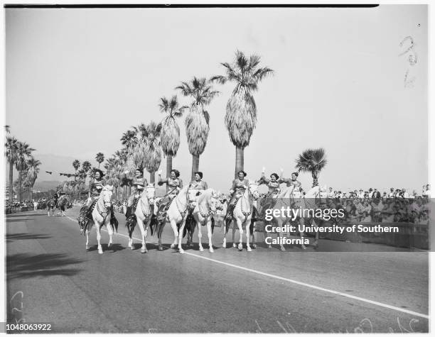 Santa Barbara Fiesta and Old Spanish Days, 23 August 1951. Lia Parker -- 17 years;John Gault ;massed [amasssed] colors;Stanley Case;Mildred...