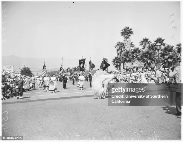 Santa Barbara Fiesta and Old Spanish Days, 23 August 1951. Lia Parker -- 17 years;John Gault ;massed [amasssed] colors;Stanley Case;Mildred...