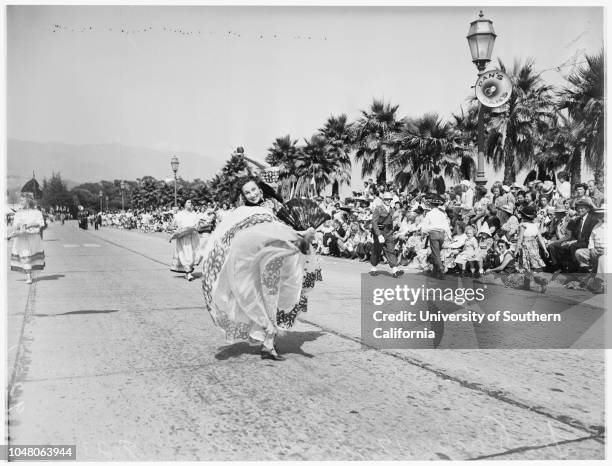 Santa Barbara Fiesta and Old Spanish Days, 23 August 1951. Lia Parker -- 17 years;John Gault ;massed [amasssed] colors;Stanley Case;Mildred...