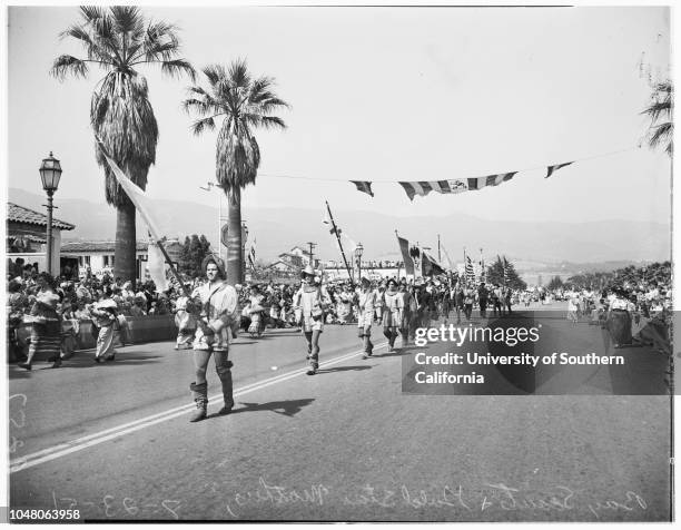 Santa Barbara Fiesta and Old Spanish Days, 23 August 1951. Lia Parker -- 17 years;John Gault ;massed [amasssed] colors;Stanley Case;Mildred...