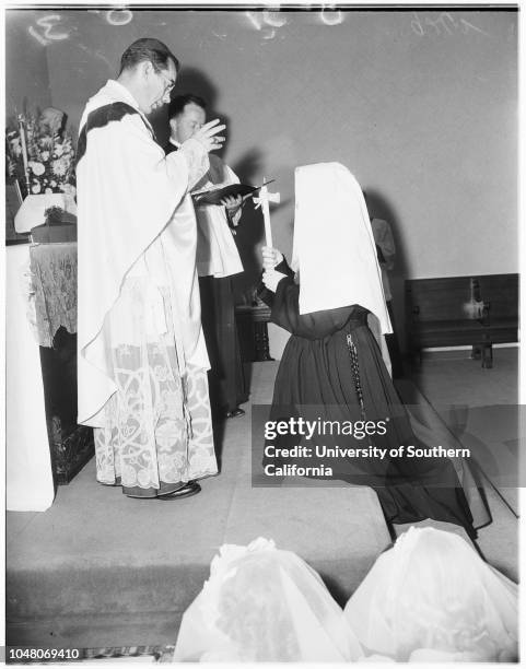 Novice nuns, 18 August 1951. Margaret Mulrooney ;Juanita Quigley ;Evelyn Schwalenberg ;Ann Ryan -- 7 years;Bishop Timothy Manning;Judy...