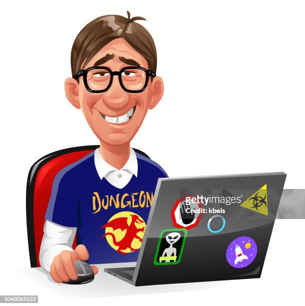 computer nerd sitting at laptop - ugly cartoon characters stock illustrations