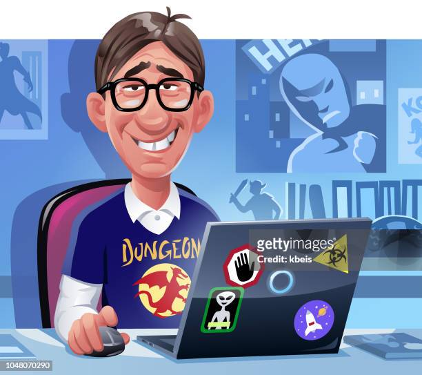 nerd sitting at laptop late at night - ugly cartoon characters stock illustrations