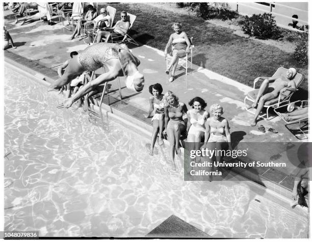 Diving at Country Club Hotel, 14 July 1949. Billie Grant;Bridget Browne;Mona Knox;Joyce Elaine;Helen C Morgan .;Caption slip reads: 'Photographer:...