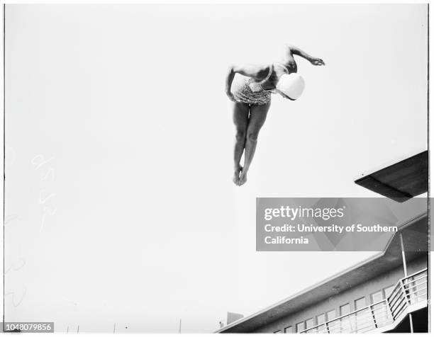 Diving at Country Club Hotel, 14 July 1949. Billie Grant;Bridget Browne;Mona Knox;Joyce Elaine;Helen C Morgan .;Caption slip reads: 'Photographer:...