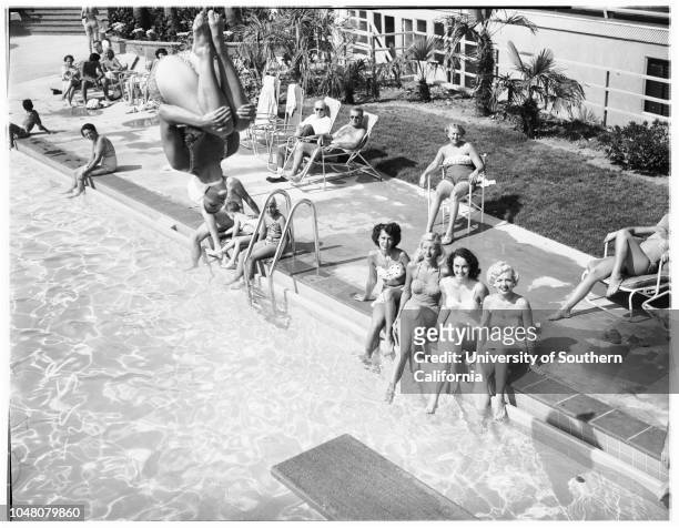 Diving at Country Club Hotel, 14 July 1949. Billie Grant;Bridget Browne;Mona Knox;Joyce Elaine;Helen C Morgan .;Caption slip reads: 'Photographer:...