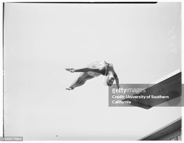 Diving at Country Club Hotel, 14 July 1949. Billie Grant;Bridget Browne;Mona Knox;Joyce Elaine;Helen C Morgan .;Caption slip reads: 'Photographer:...